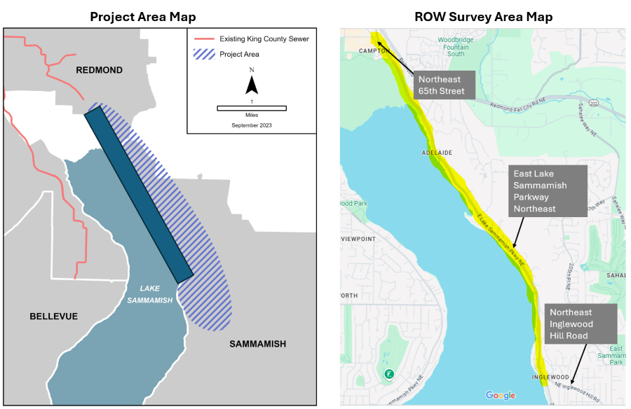 Two maps side by side. The map on the left below shows the entire project area in blue hatching with a blue inset box that shows the location of the survey work along the ROW. The map on the right shows a zoomed-in view of survey work within the blue inset box. This work is along the ROW on Northeast Inglewood Hill Road and the East Lake Sammamish Trail between 187th Avenue Northeast and just north of Northeast 65th Street.