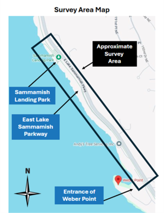A map shows a section of East Lake Sammamish Parkway bordered by a black box, calling out the survey area. The survey area, Sammamish Landing Park, East Lake Sammamish Parkway, and the entrance of Weber Point are labeled on the map.