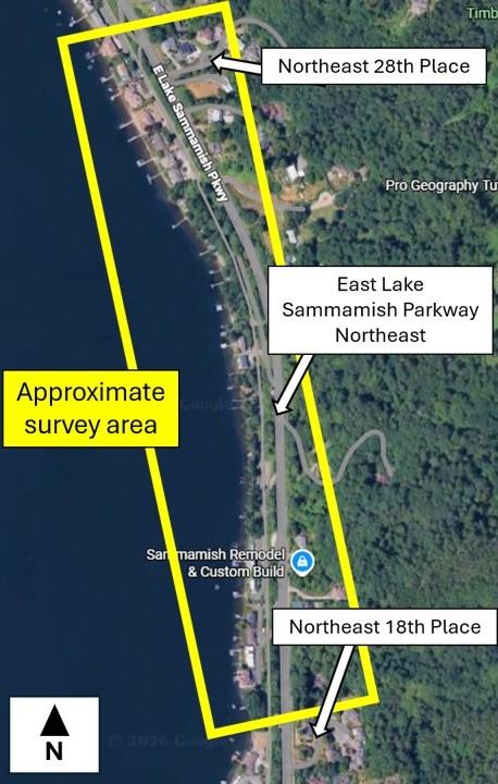 A satellite image of East Lake Sammamish Parkway Northeast with a yellow box including Northeast 28th Place down to Northeast 18th place with an approximate survey area callout box