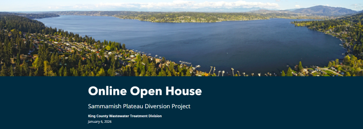 An aerial view of Lake Sammamish with the "Online Open House" text superimposed.
