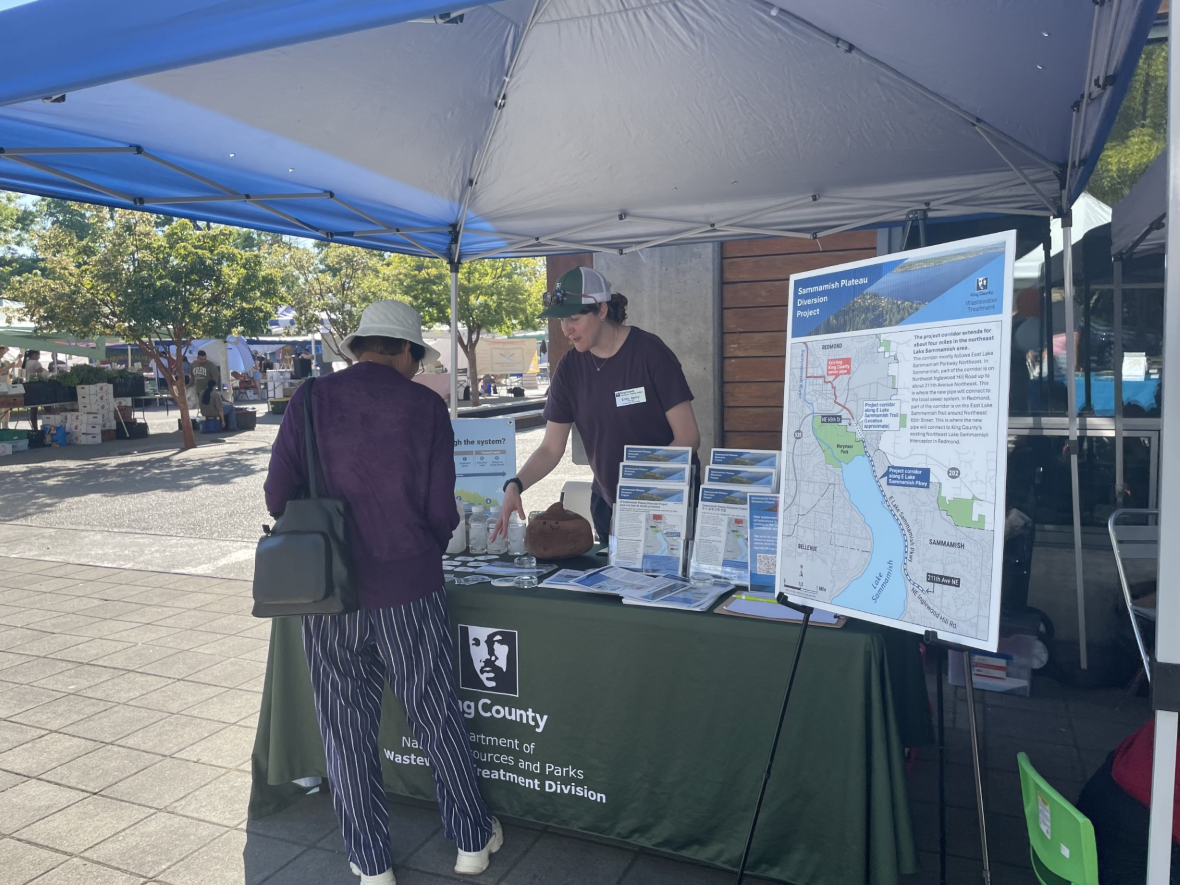 A photo of a community member and King County Wastewater Treatment Division Representative talking about project materials at the Sammamish Farmers Market