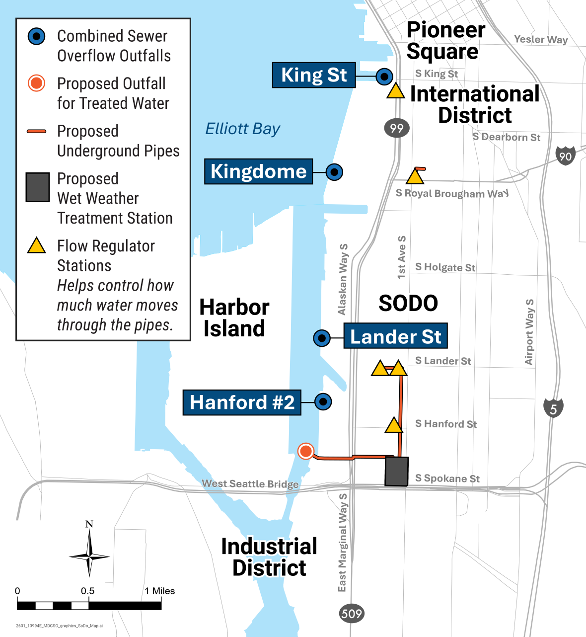 Map showing the planned SODO project area. The map includes a treatment station, new pipes, and other upgrades. The project helps treat polluted water before it enters the Duwamish River and Elliott Bay during storms.