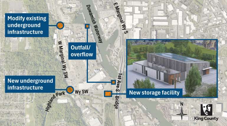 Aerial map displaying location of the new storage facility and associated structures (two underground structures and two outfall/overflows) next to the Duwamish River. 