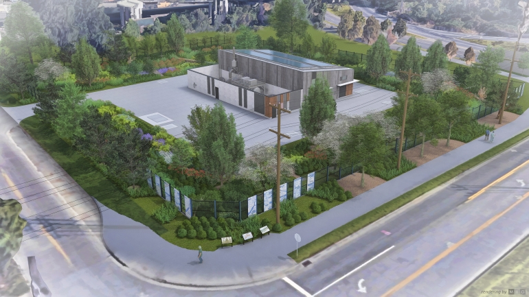 Aerial rendering of West Duwamish Wet Weather Storage Facility. Surrounding the facility are trees and vegetation with fencing and artwork. 