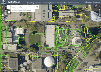 A screenshot of the Kiing County iMap displaying a birds eye view of the space needle.