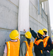 An educator is pointing at a bottle with orange fluid while three high-school students are leaning in to observe. 