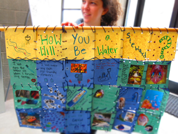 A colorful student art project with the words " How will you be a water steward?"