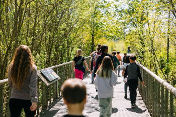 Group of youth and adults walking across bridge towards trails at Brightwater Treatment Plant.