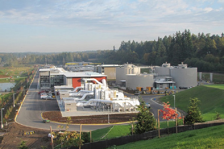 Aerial view of the Brightwater treatment plant, looking north.