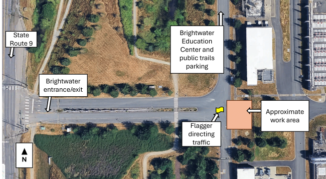 An aerial map shows the Brightwater entrance with labels for State Route 9, Brightwater public access spaces, and the approximate work area.
