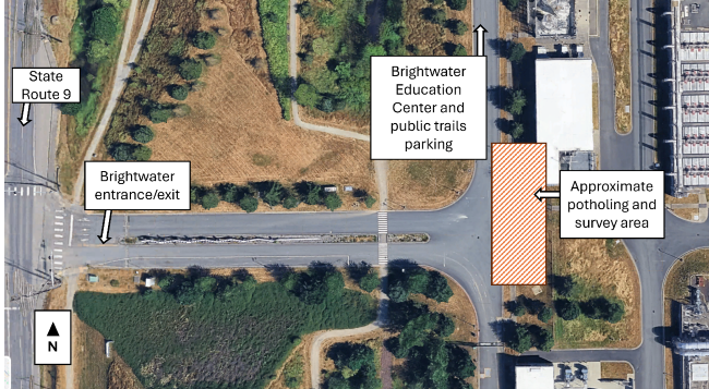 An aerial map shows the Brightwater entrance with labels for State Route 9, Brightwater public access spaces, and the approximate work area.