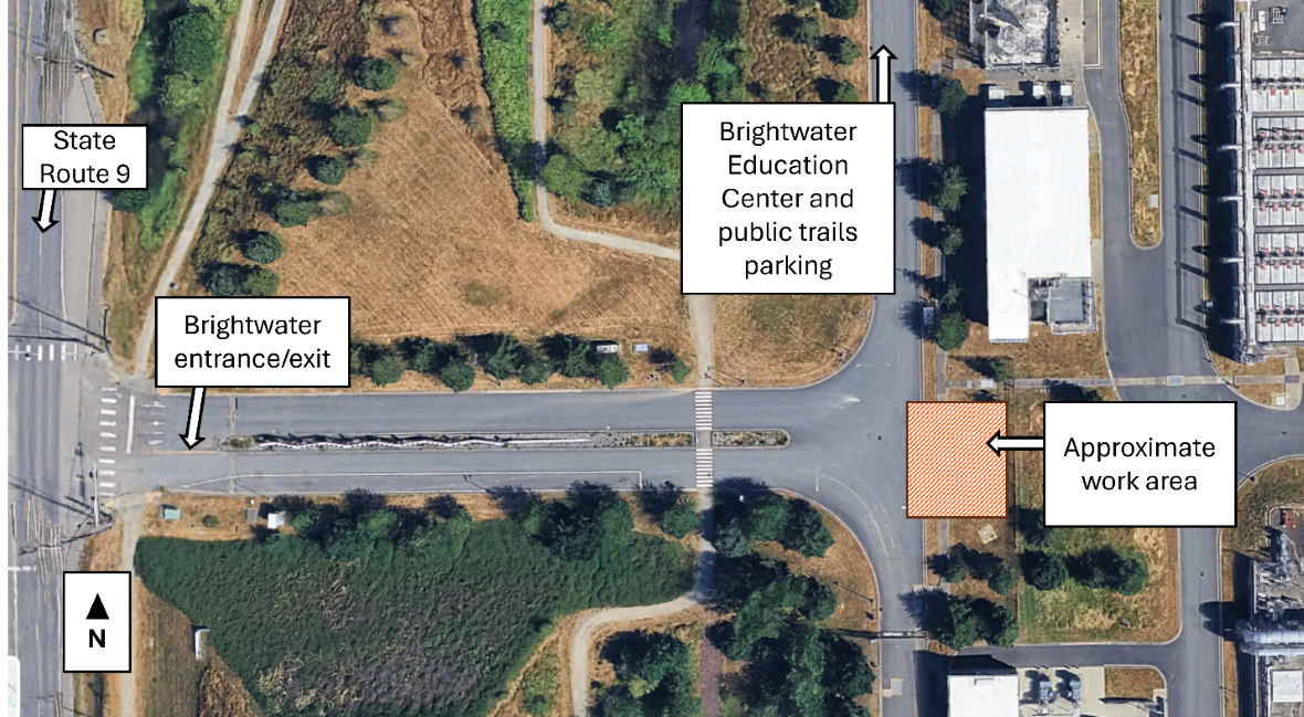 An aerial map with labels shows the approximate work area where construction for the air vacuum/valve replacement project will take place near the Brightwater entrance.