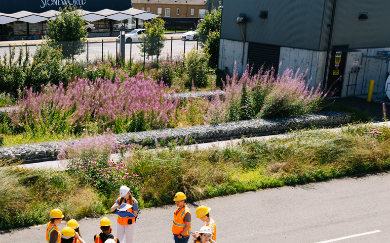 A group of staff with safety vests and hard hats stand in a circle in front of vegetation and trees planted at the Georgetown Station. 
