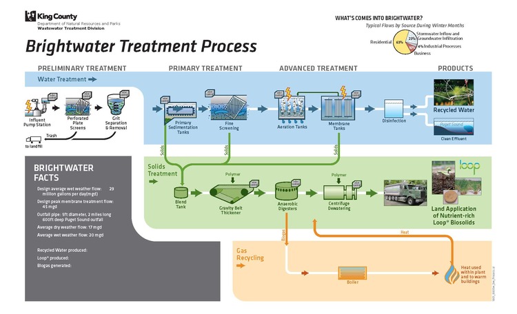 Graphic displaying the Brightwater Treatment Plant treatment process steps