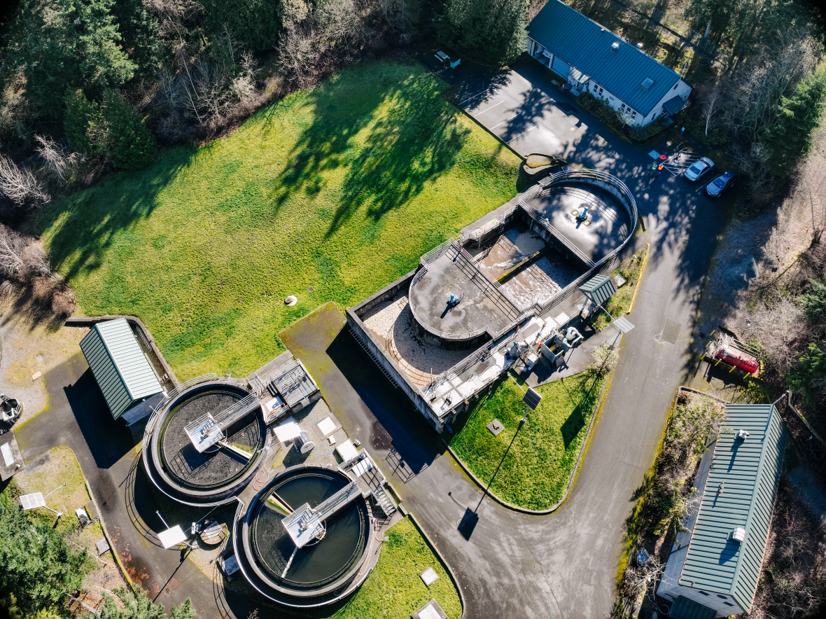 Aerial view of the Vashon Treatment Plant, showing the tanks and equipment used to clean wastewater