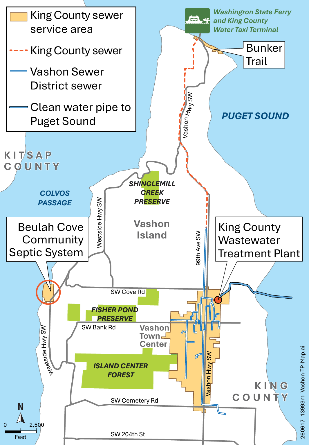Map of Vashon Island showing the Beulah Cove Community Septic System, King County and Vashon Sewer District sewer lines, wastewater treatment infrastructure, and clean water discharge routes to Puget Sound.