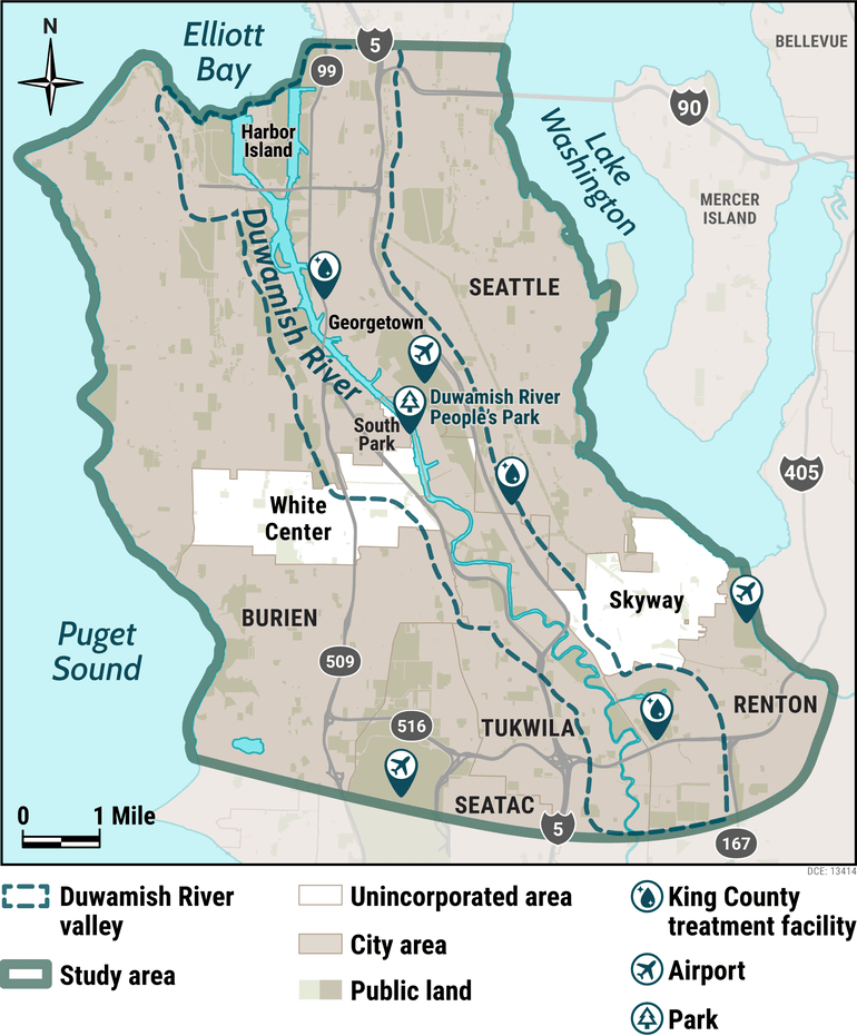 A map of the greater Seattle area displaying which areas the Duwamish River Valley Groundwater Study includes. Areas such as Downtown Seattle, Tukwila, East Renton, Burien, Harbor Island, and Georgetown. Unincorporated areas include Skyway and White Center.