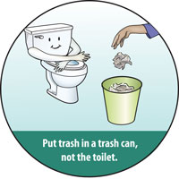 Put trash in a trash can, not the toilet