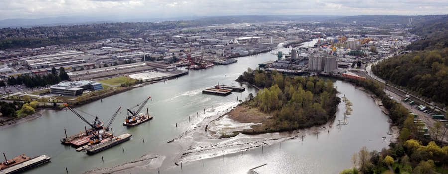 This photo shows the Lower Duwamish Waterway from above. In the waterway are barges holding cranes and a small island with trees known as Kellogg Island. The banks of the river are densely covered in buildings and other industrial facilities with a few remaining areas of natural habitat. 