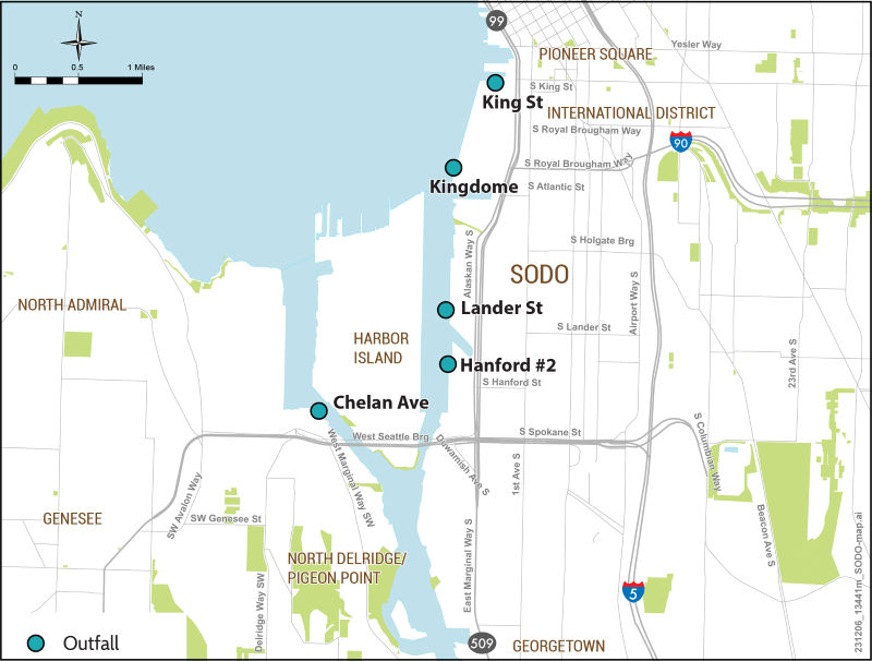 The five King County outfalls included in this planning process are located in the east and west waterways of the Duwamish River on both sides of Harbor Island and along the shoreline of Elliott Bay generally in SODO. 