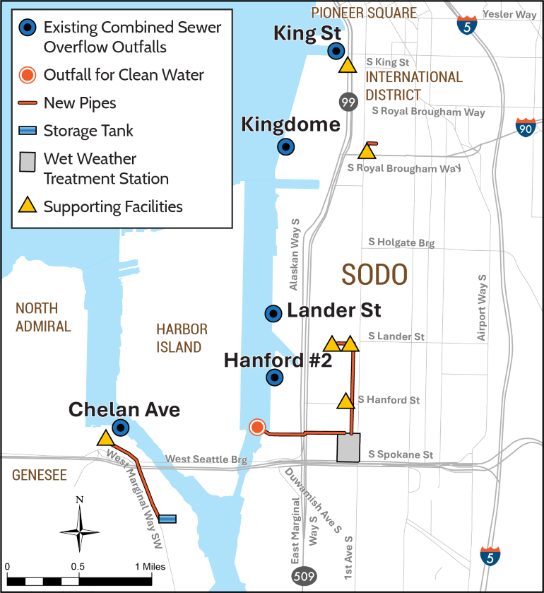 Project map displaying the location of existing combined sewer overflow outfalls, new wet weather treatment station, new storage tank and pipes, new outfall for clean water and supporting facilities. 