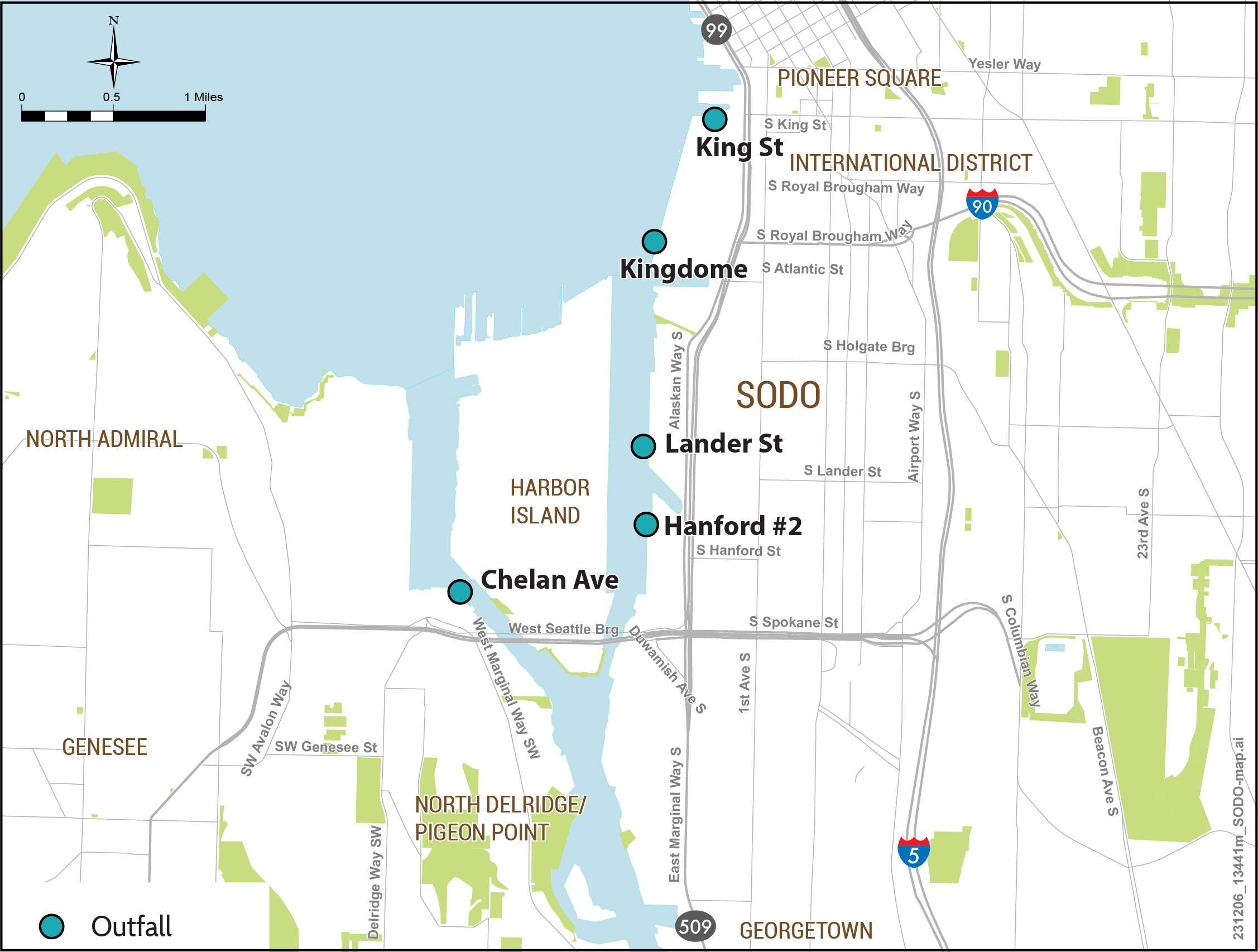 The five King County outfalls included in this planning process are located in the east and west waterways of the Duwamish River on both sides of Harbor Island and along the shoreline of Elliott Bay generally in SODO. 