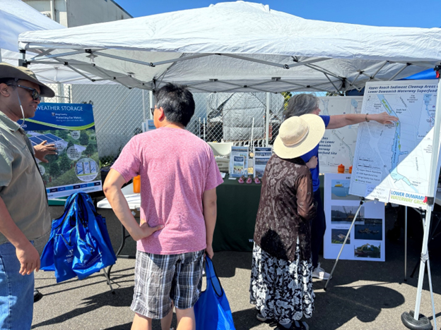 two community members stand in front of an booth with a tent overhead while  two King County staff members talk and point at information on boards
