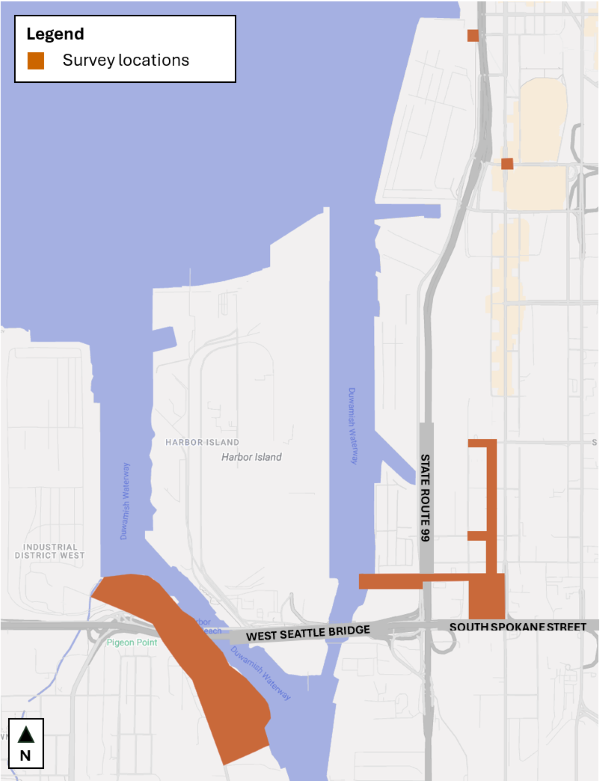 Map of survey locations in SODO and West Seattle (Industrial District West) 