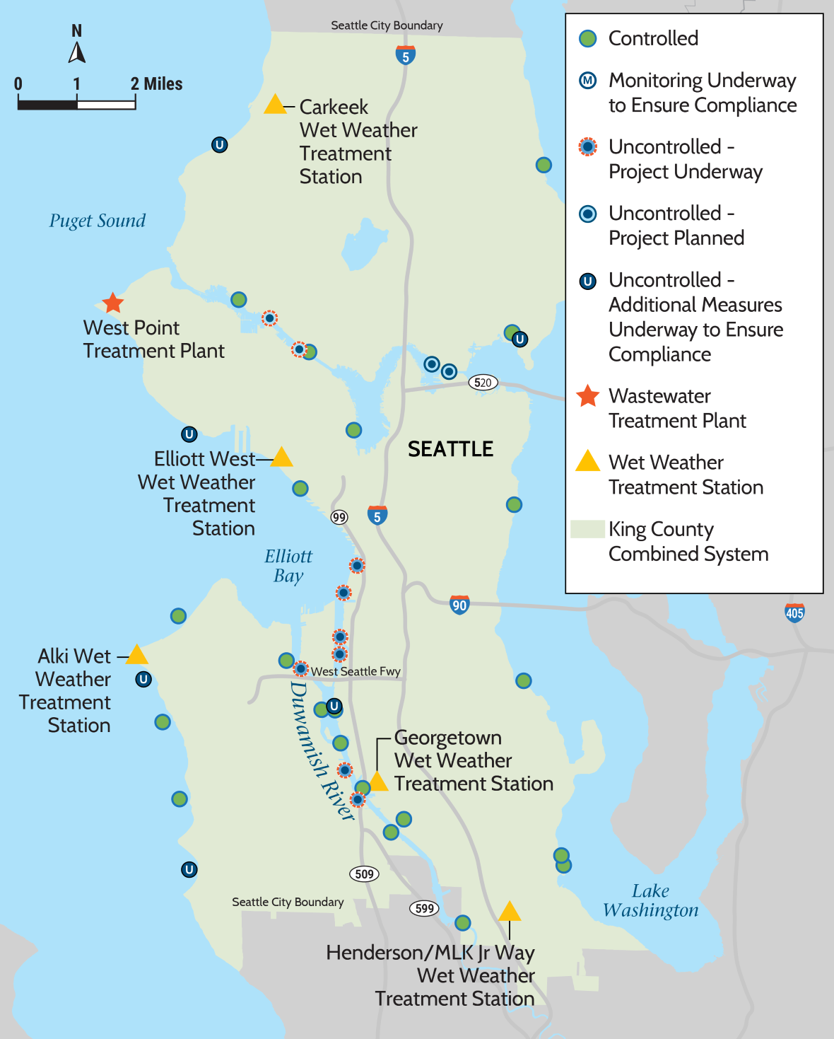 Map of Seattle showing the locations of six wet weather treatment stations, wastewater facilities, waterways, highways, and monitoring sites across the city.