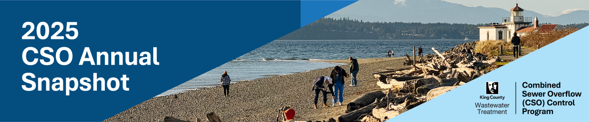 Banner for the 2025 CSO Annual Snapshot featuring a Seattle shoreline photo and the King County Wastewater Treatment Combined Sewer Overflow Control Program logo.
