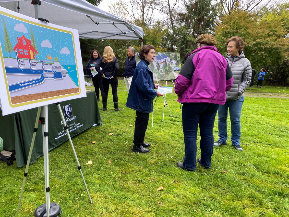 King County staff speak with community members beside educational displays about stormwater and wastewater systems at an outdoor Duwamish Alive event.