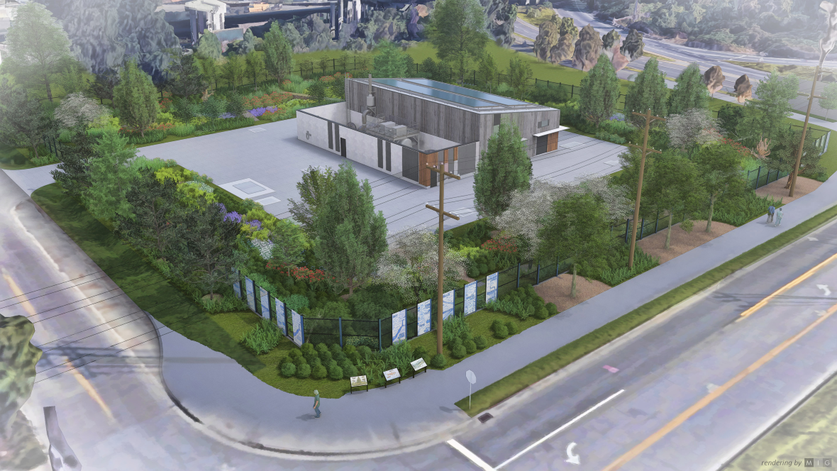 Architectural rendering of a landscaped wet weather treatment facility surrounded by trees, sidewalks, roads, fencing, and educational signs.
