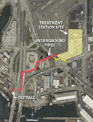 Aerial map displaying location of the Brandon Street Regulator Structure Overflow Discharge Point