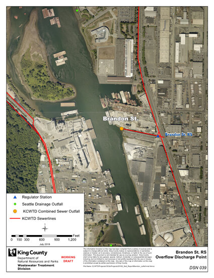 Aerial map displaying location of Brandon Street Regulator Structure Overflow Discharge Point