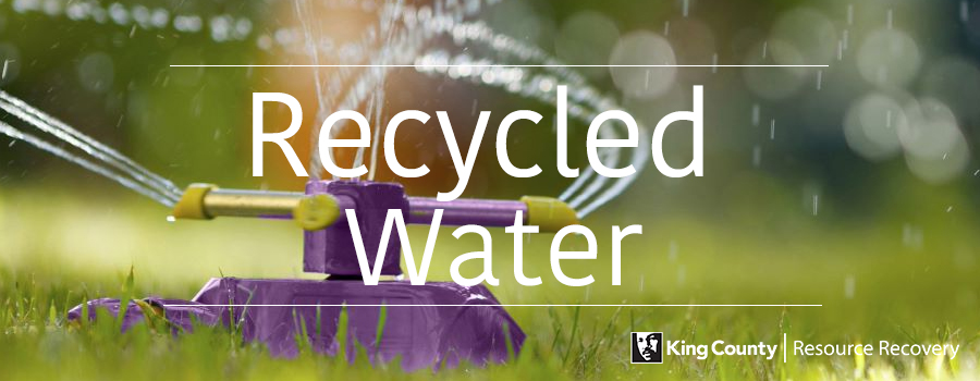 Recycled water hero image displaying the text "Recycled water" over a picture of an active sprinkler.