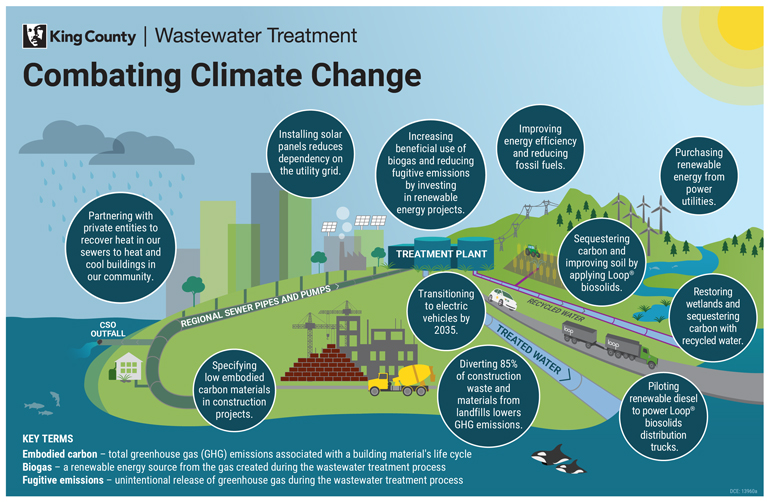 Infographic displaying how King County Wastewater Treatment Division combates climate change.