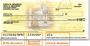 Sample check (with yellow background) displaying the location of the RTN Number, Account Number and Check Number.