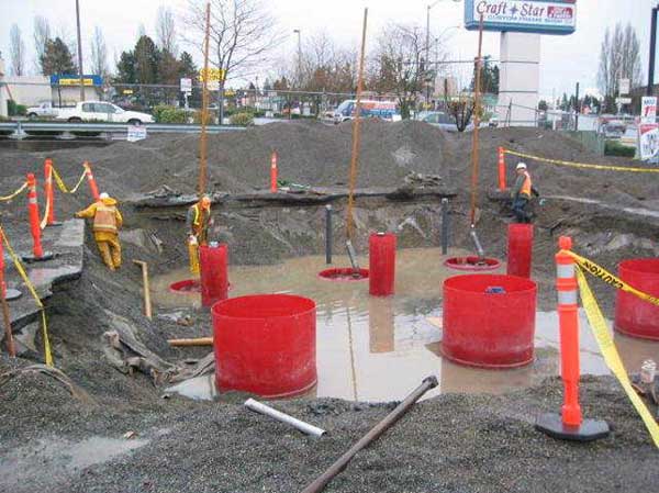 Water pooling at a construction site. Construction dewatering authorization allows projects to pump this water away from the jobsite.