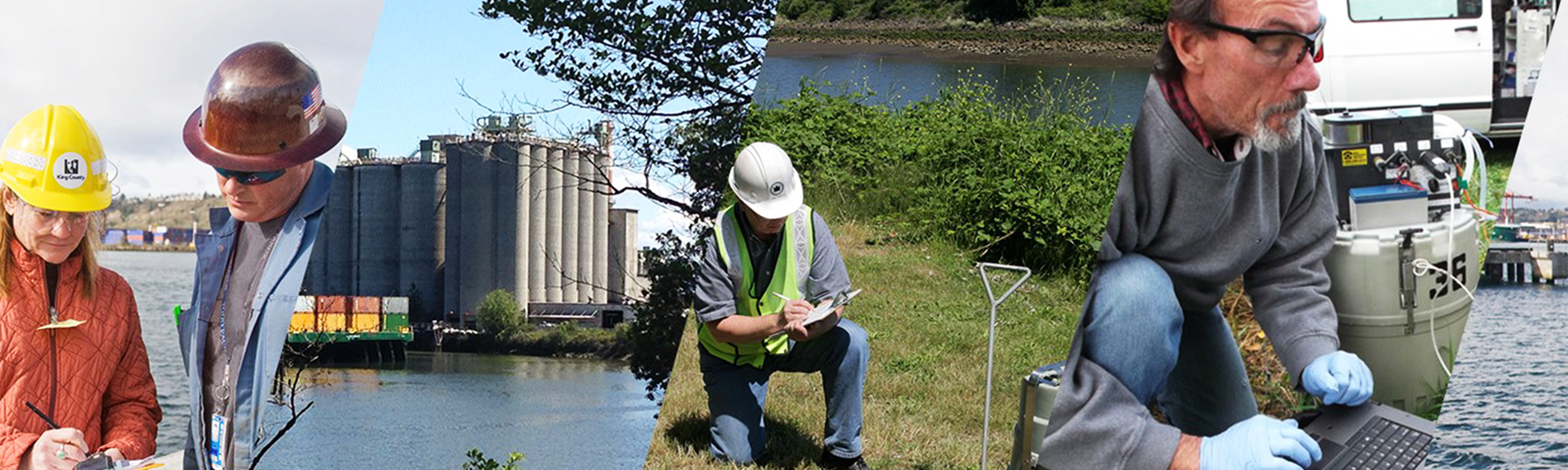 Banner photo illustrating multiple different scenes throughout the various industrial waste employee duties.