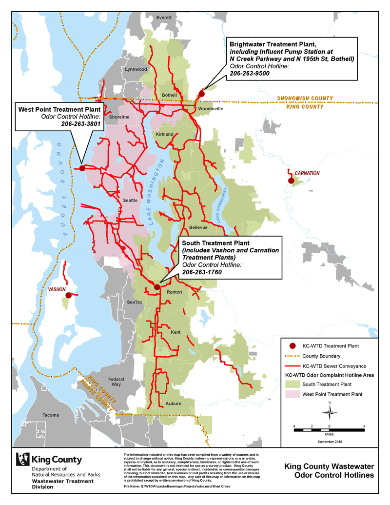 A map of the King County wastewater sewer service area with phone numbers (odor control hotlines) for Brightwater Treatment Plant, South Treatment Plant and West Point Treatment Plant.