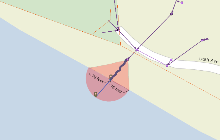 Map showing a pipe extending from near Utah Avenue into a body of water, with a red shaded circular area at the shoreline labeled “76 feet” in two directions.