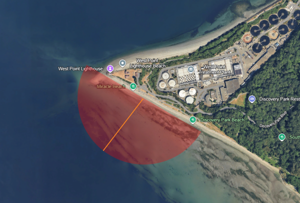 map displaying closed area (about 1,800 feet) of Miracle Beach, just south of the West Point Lighthouse at Discovery Park in Seattle.
