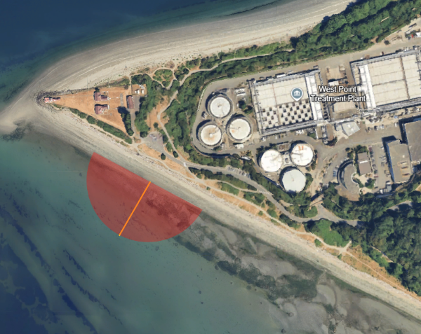 map displaying closed area (about 560 feet) of Miracle Beach, just south of the West Point Lighthouse at Discovery Park in Seattle.