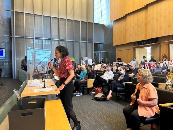 Anita Khandelwal testifying in opposition to Seattle's ordinance criminalizing public drug use with DPD staff holding signs in audience
