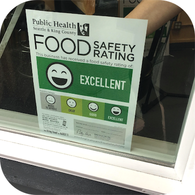Restaurant rating placard in the window