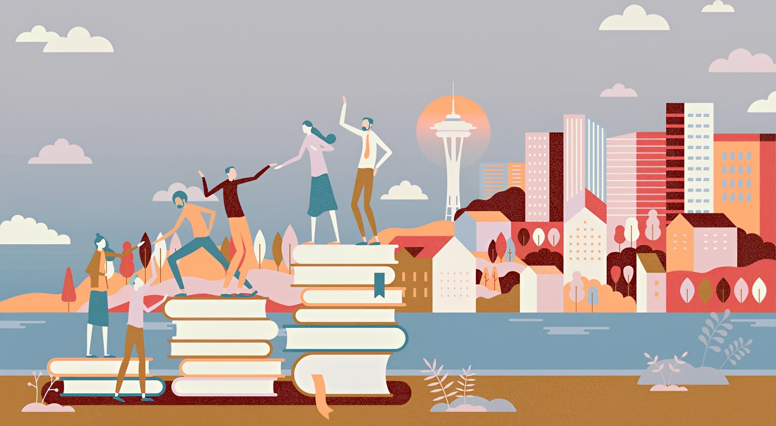 Graphic illustration of people climbing on giant books with the Seattle skyline behind