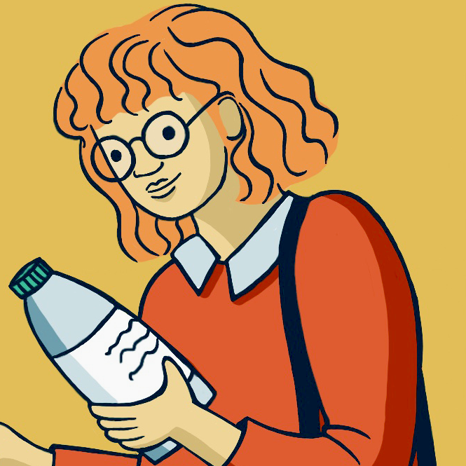 Cartoon illustration of a woman checking a product label