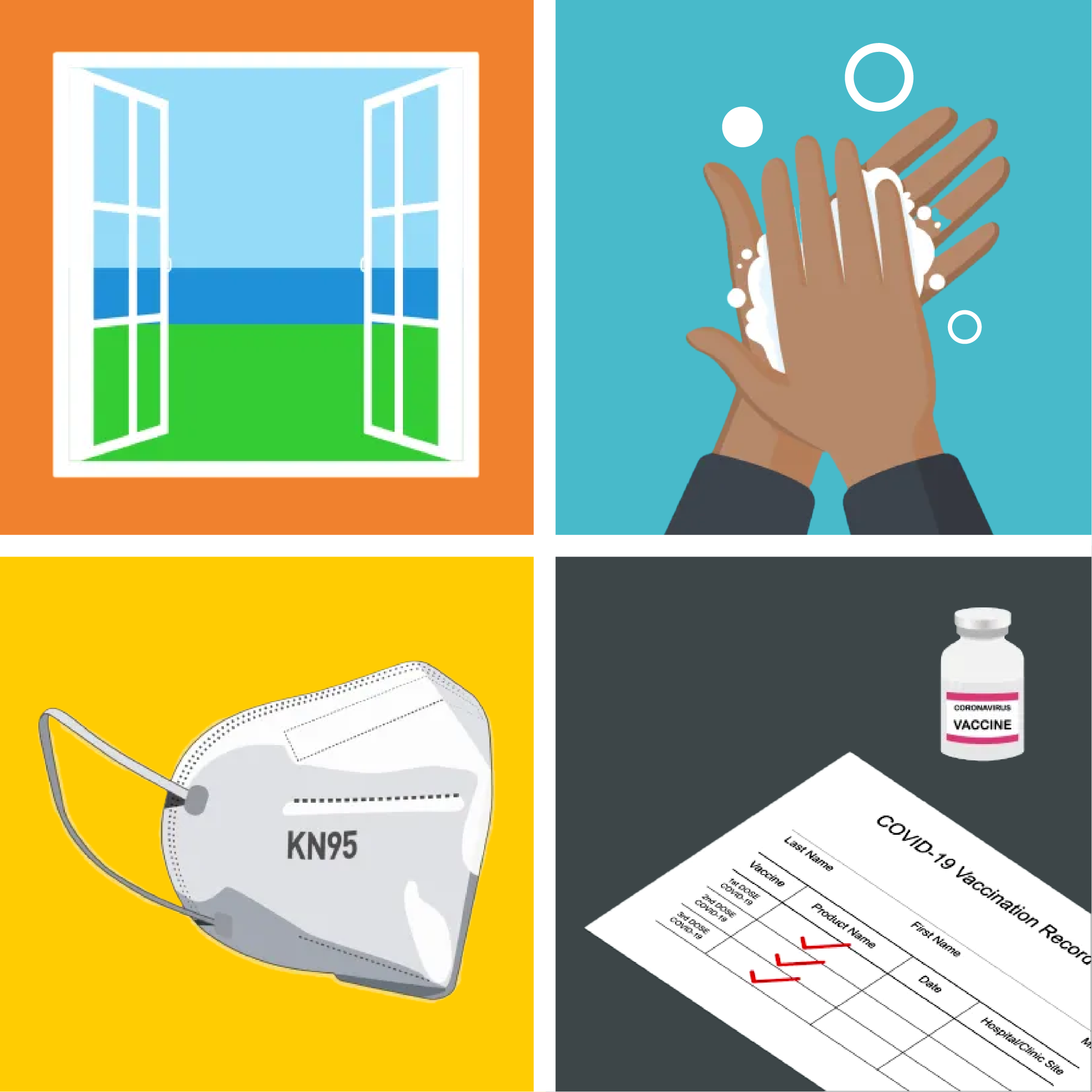 4 images showing types of protection against the spread of respiratory diseases including COVID-19, influenza, colds, etc. including increasing ventilation, washing hands, wearing masks and getting vaccinated.