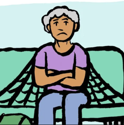 Cartoon image of a woman sitting in a waiting area for health care with cobwebs forming at her sides to indicate barriers to service