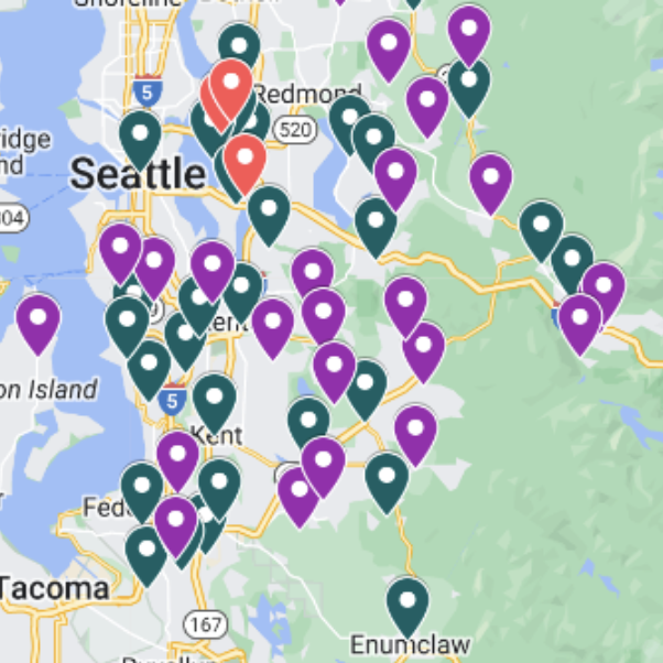 Screenshot of a color-coded plotted custom Google map